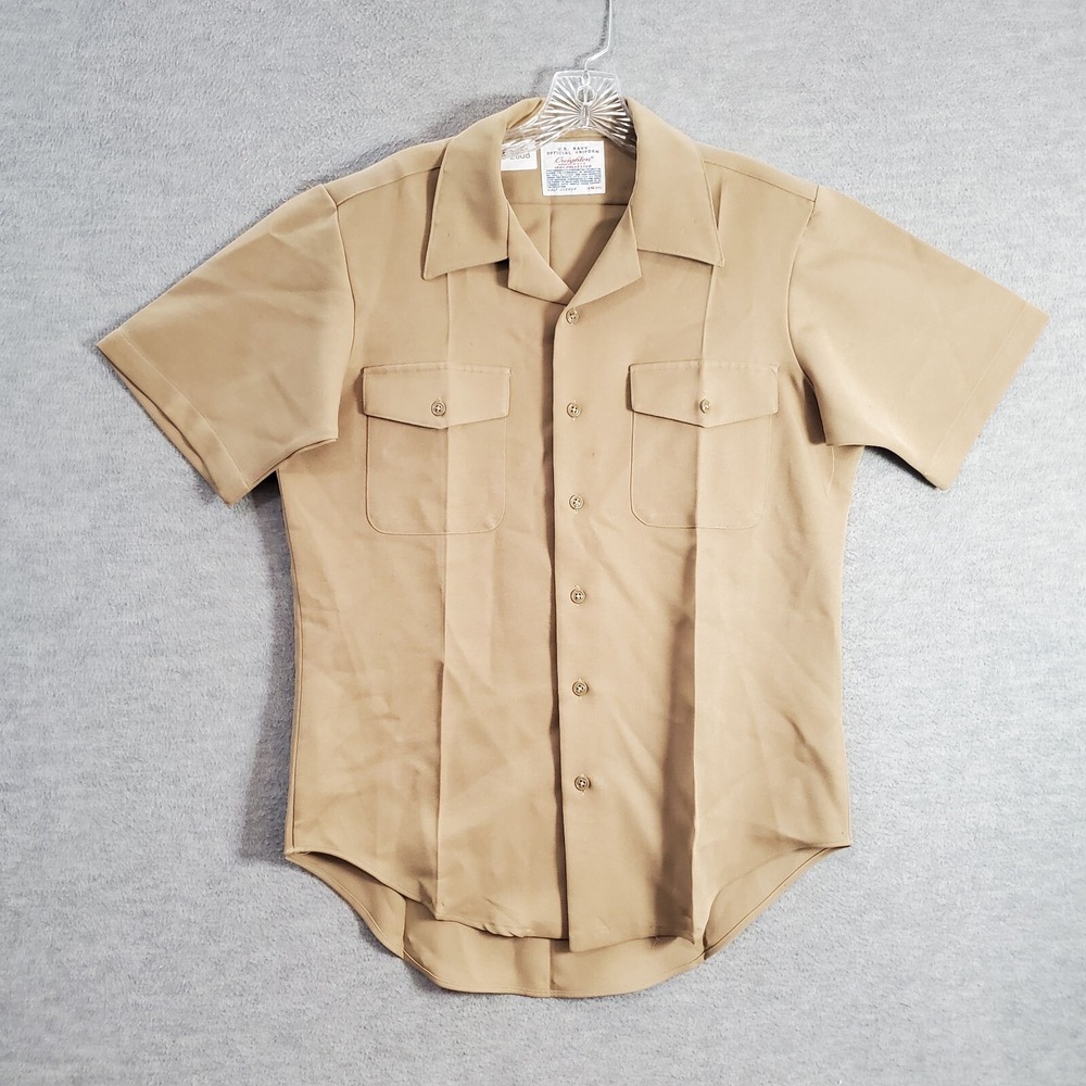VINTAGE‎ US Navy Men Button Up Shirt Medium Beige Made in USA Collar